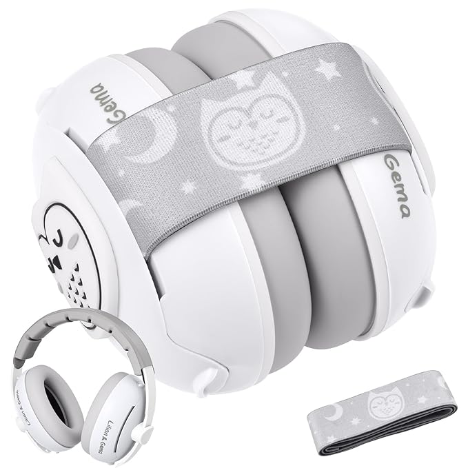 Lilian&Gema 2-in-1 Baby Ear Muffs Noise Protection up to 48 Months - Cute Owl Ear Protection for Infant & Toddler - Baby Airplane/Travel Essentials - Adjustable Noise Reduction Earmuffs, White