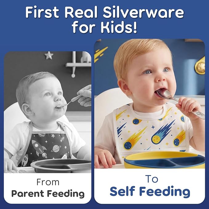 Lehoo Castle Toddler Eating Utensils 6-Piece | Stainless Steel Kids Utensils for Ages 3+, Toddler Spoons and Forks Knife Set, Children Safe Flatware for Self Feeding (Space)