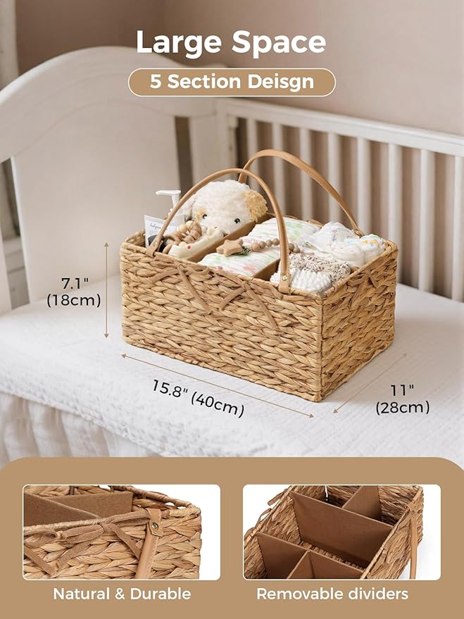 Diaper Caddy Organizer, Hand Rattan Nursery Storage Basket for Baby Essentials, Baby Changing Table Organizer Perfect Nursery Assistant, Easy Assemble (Natural Light, L)