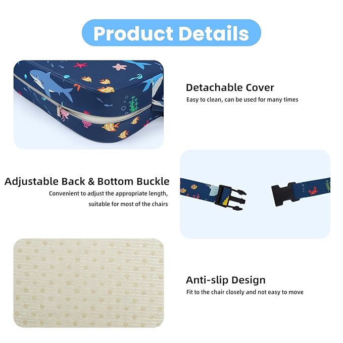 Toddler Booster Seat for Dining Table Kitchen Chair, Kids Booster Seat with Non-Slip Bottom and Adjustable Straps, 4" Detachable Washable Portable Travel Increasing Cushion (Undersea World)