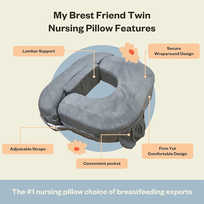 My Brest Friend Twin Nursing Pillow - Enhanced Comfort with Slipcover - Ultimate Ergonomic Support for Breastfeeding- Adjustable Strap and Silent Release Buckle with Handy Side Pocket, Evening Grey