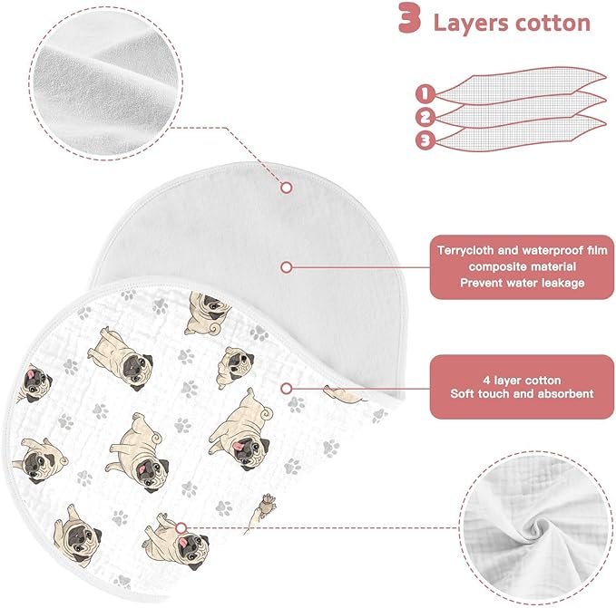 1 Pack Muslin Burp Cloths Pugs Dog Paw White Cotton Baby Burp Cloths Ultra Absorbent Burping Cloth Soft Spit Up Rags for Baby Boys Girls 22x11 Inch