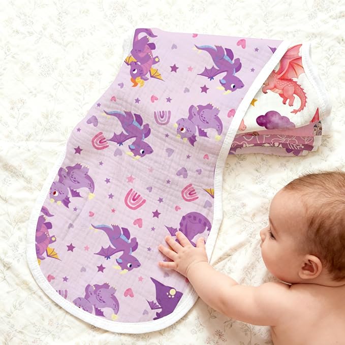 5 Pack Baby Burp Cloths, Soft Cotton Pink Dragon & Fairy Theme Burp Cloths, Super Absorbent Cute Mythical Creature Print Washcloths, Newborn Baby Girl Essentials Gift Set