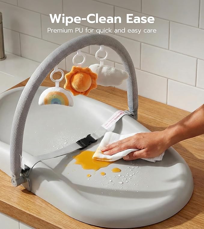 Mallify Wipe-Clean Baby Changing Pad, Waterproof Durable PU Pad, Soft & Non-Slip Safety Belt & Hanging Toys, Easy to Adjust & Removable Bar, Gray