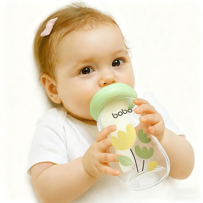 YOHKOH Natural Glass Baby Bottle with Level 1 Slow Flow Nipple, Newborn Anti-Colic Baby Bottles, Wide Neck Mushroom Baby Glass Bottle (Multicolour1, (5.4oz (Pack of 2))
