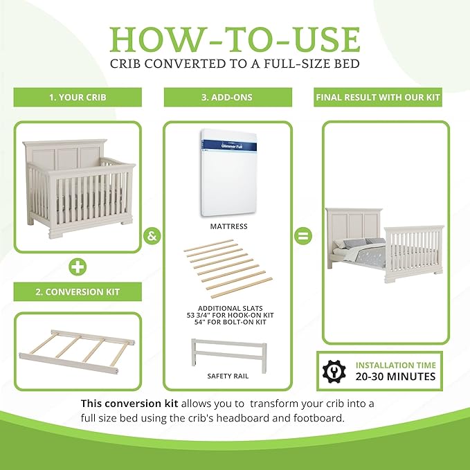 Full-Size Conversion Kit Bed Rails for Oxford, Soho, Ozlo & Avalon Baby Convertible Cribs - Solid Wood - Toddler & Adult Rail for Full-Size Bed - Nursery & Baby Furniture (Vintage White, Hook-On Kit)