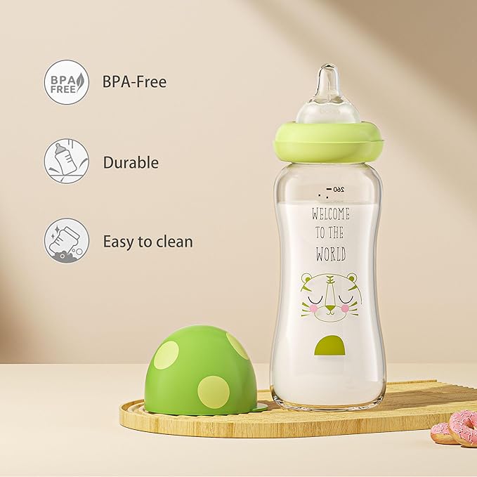 YOHKOH Natural Glass Baby Bottle with Level 2 Medium Flow Nipple, Newborn Anti-Colic Baby Bottles, Wide Neck Mushroom Baby Glass Bottle (8.8ounce (Pack of 4), Green1)