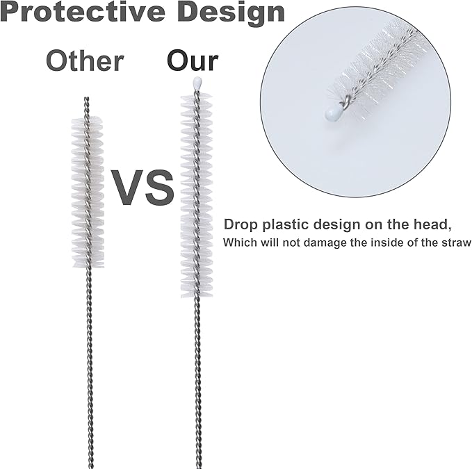 Straw Cleaner Brush, Extra Long Nylon Bristles and Stainless Steel Handle Cleaning Brushes for Washing Glass Silicone Metal Straws Tea Pot Spout Bottle (Only 2 pcs, 7.87inch X 5/16inch)