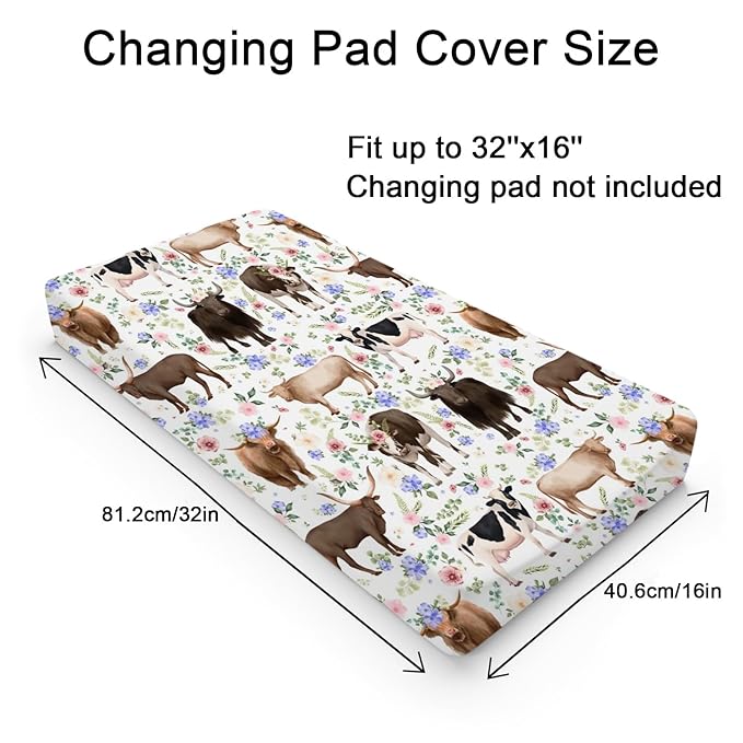 Farm Cows Boho Floral Changing Pad Cover Cows Yak Cattles Flowers Change Table Pad Cover for Boys Girls Farm Animals Soft Breathable Stretchy Fitted Diaper Changing Mat Sheets 32''x16''