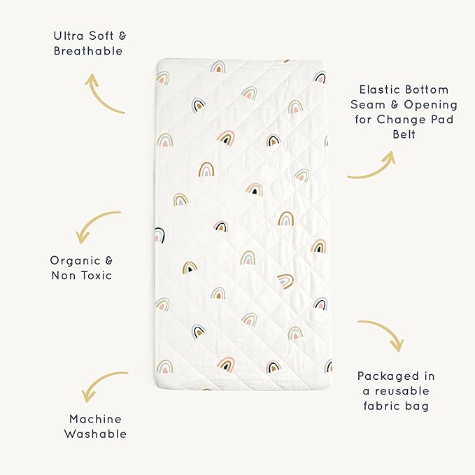 Makemake Organics Organic Changing Pad Cover GOTS Certified Organic Cotton Changing Table Cover Non Toxic Quilted Ultra Soft Girls Boys Neutral Nursery (16"x33", Rainbow)