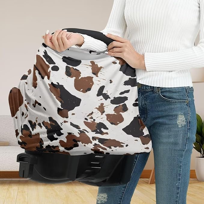 LedBack Brown Cow Print Stretchy Car Seat Cover for Babies, Breathable Breastfeeding Cover, Soft Lightweight Baby Carseat Canopy