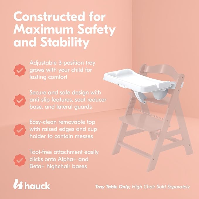 hauck Alpha Removable Non Slip High Chair Table Tray with Adjustable Depth, Compatible with Wooden Grow-Along Alpha+ and Beta+, Accessory Only, White