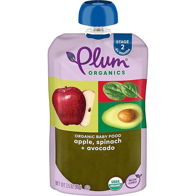 Plum Organics - 6+ Months Organic Baby Food - Apple, Spinach, & Avocado - Non-GMO - Fruit & Veggie Blends On-The-Go Pouches for Baby & Toddler Meals - Quality Tested Ingredients - 3.5 oz (Pack Of 12)
