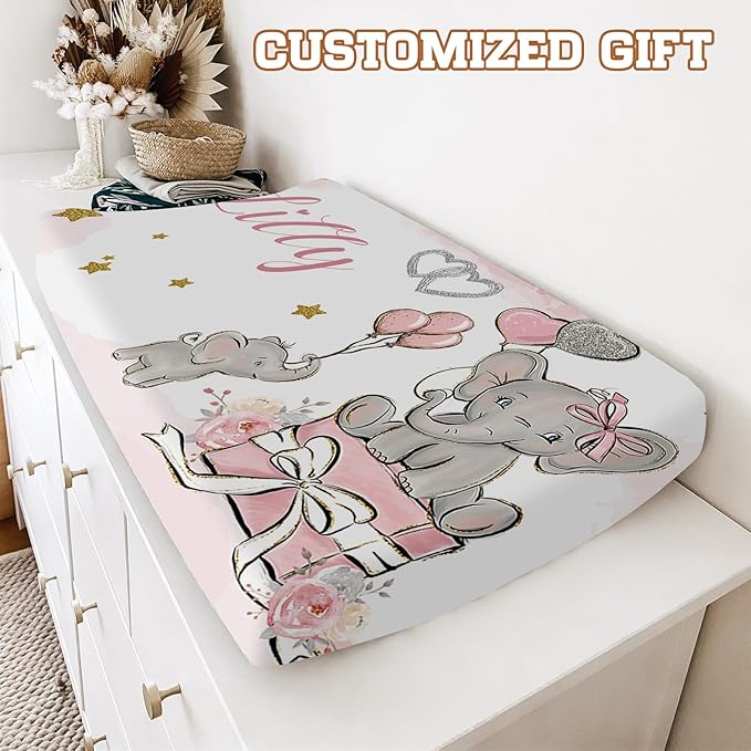 Personalized Baby Changing Pad Cover - 2 Piece Baby Pee Pad Cover Nursery Bedding with Name Portable Pink Elephant Diaper Changing Pad Gifts for Infant