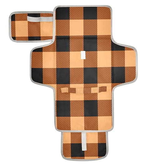 Portable Diaper Changing Pad Travel Baby Changing Mat Waterproof Diaper Changing Mat Foldable Lightweight Baby Changer with Built-in Pillow Autumn Orange and Black Plaid