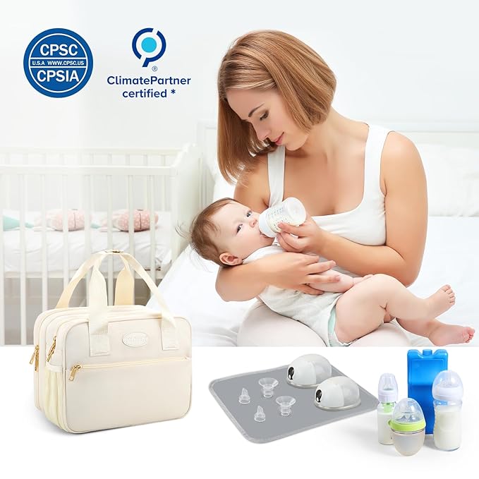 PIIOSER Breastmilk Cooler Travel Bag with Ice Pack, Compatible with Wearable Breast Pumps & Accessories - Portable Hands Free Breast Pump Carrying Case for Nursing & Working Moms, Cream