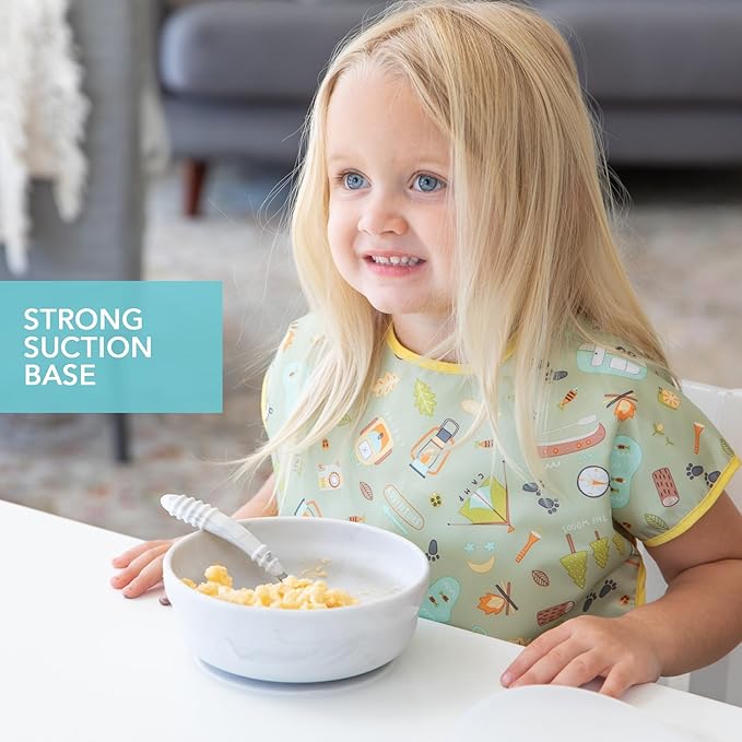 Bumkins Baby Bowl, Silicone Suction, for Babies, Toddlers and Kids, Baby Led Weaning, Feeding Essentials, Platinum Silicone, Non Skid Sticky Bottom, Supplies for Children Ages 6 Months Up, Marble