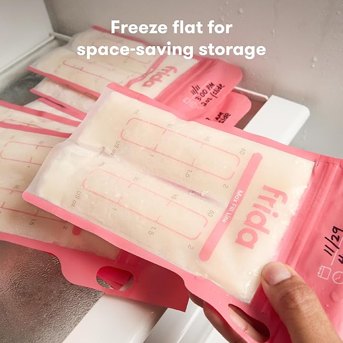 Frida Mom Breastmilk Storage Bags, 50ct Splitstash Freeze & Thaw Milk Bags for Breastmilk, Splits Bag into Two 2oz Portions, Leakproof Seal, Perfect Pour Spout, No Slip Finger Grip, BPA Free, 4oz Bag