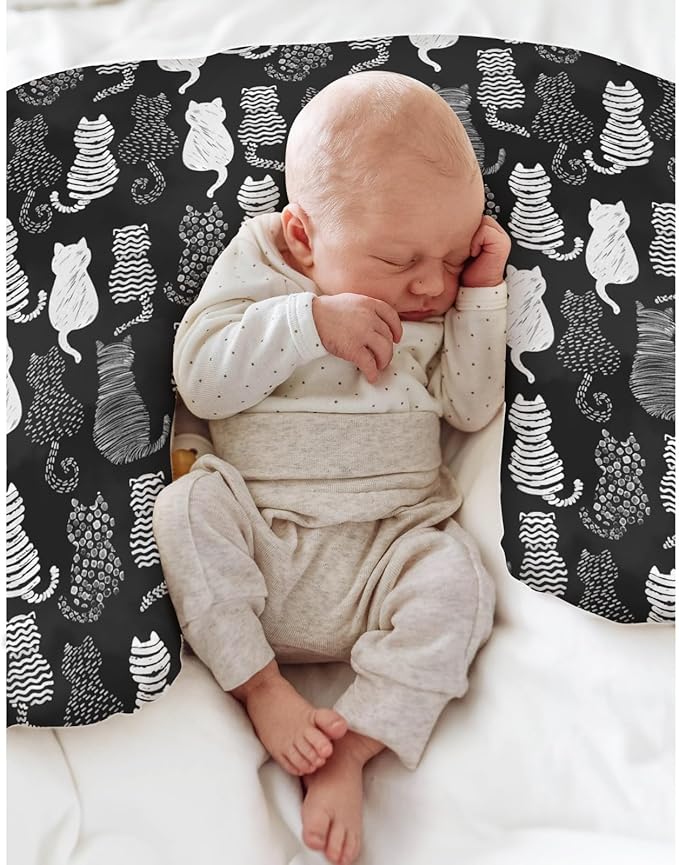 Stylish Cat Shapes Baby Nursing Pillow Covers for Boy Girl Black and White Cat Nursing Pillow Slipcovers for Breastfeeding Pillows Cats Lovers Gift Soft Stretchy Removable Covers for Newborn Infant