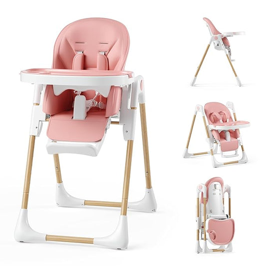 Kinder King Convertible High Chair for Babies & Toddlers, Adjustable Baby Feeding High Chair with Removable Double Tray, Simple Compact Fold for Space-Saving, 2 Built-in Wheels, Easy to Clean