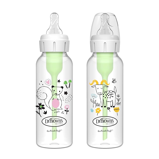 Dr. Brown's Anti-Colic Options+ Wide-Neck 9oz & Narrow 8oz Baby Bottles, Dino Decos & Squirrel & Goat, Level 1 Nipples, 0m+, 2-Packs