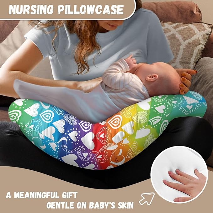 Forchrinse Rainbow Love Heart Nursing Pillow Cover Breastfeeding Pillow Slipcover for Baby Boys and Girls Soft Washable Nursing Pillow Case for Newborn