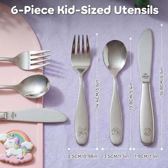 Lehoo Castle Toddler Utensils 6-Piece | Kids Stainless Steel Silverware Set, Toddler Spoons and Forks Knife Set, Children Safe Flatware for Self Feeding (Unicorn)