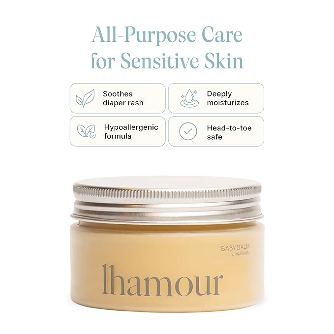 Lhamour Baby Balm 100% Natural Hand Made, 3.53oz Diaper Rash Cream for Baby with Organic Shea Butter, Beeswax, Coconut, Olive, Carrot Oils – Soothing All Purpose Oinment for Sensitive Baby Skin