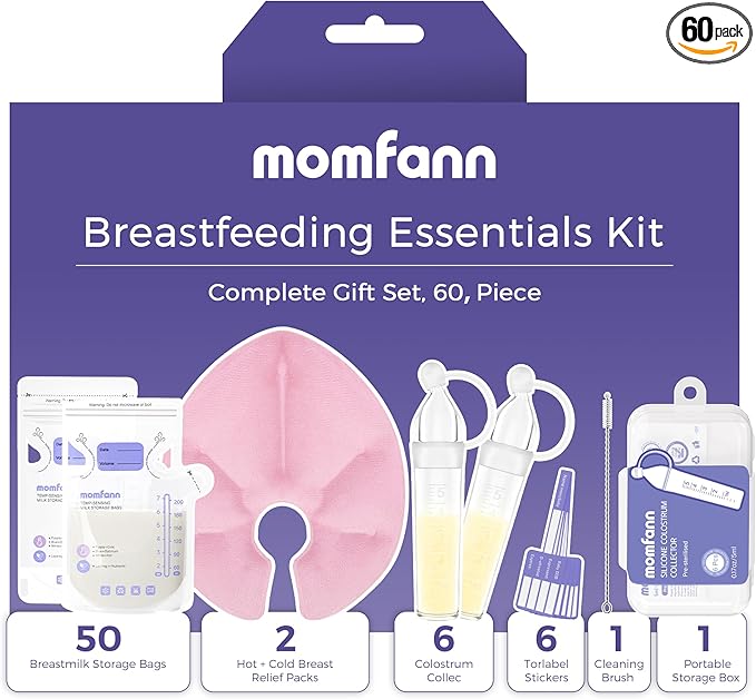 Breastfeeding Care Kit for Nursing Moms, 60 Piece Complete Gift Set with Milk Collector, 50 Storage Bags & Hot/Cold Packs - Relieves Engorgement & Improves Milk Flow，BPA-Free Essentials(Pink)