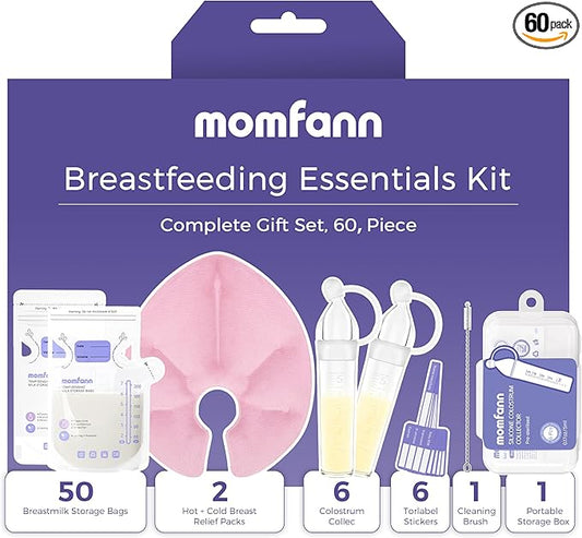 Breastfeeding Care Kit for Nursing Moms, 60 Piece Complete Gift Set with Milk Collector, 50 Storage Bags & Hot/Cold Packs - Relieves Engorgement & Improves Milk Flow，BPA-Free Essentials(Pink)