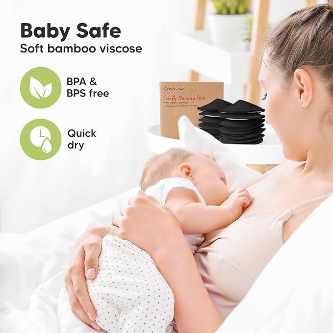Organic Nursing Pads - 14 Washable Breast Pads for Breastfeeding, Wash Bag, Viscose Derived from Bamboo Reusable Nipple Covers for Breastfeeding Essentials, Soft & Absorbent(Midnight Black, L 5")