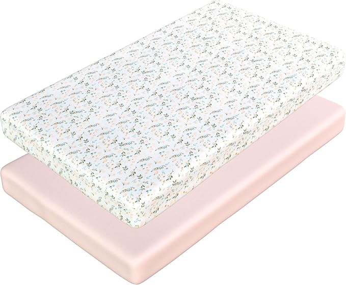 2 Pack Mini Crib Sheets - Jersey Cotton Pack and Play Sheets Fitted, 27" x 39", Fits Graco Pack n Play Mattress, Soft Playpen Sheets Pack n Play, Oeko-Tex, (Floral Pink Pack and Play Mattress Sheets)