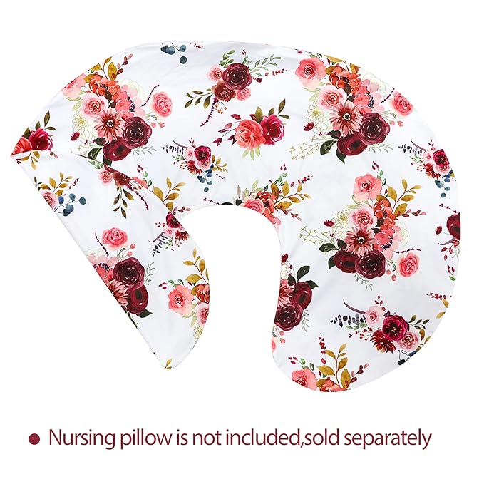SWESEN Floral Nursing Pillow Cover for Baby Girl, Soft Organic Breastfeeding Pillow Slipcover, Burgundy Watercolor Flower