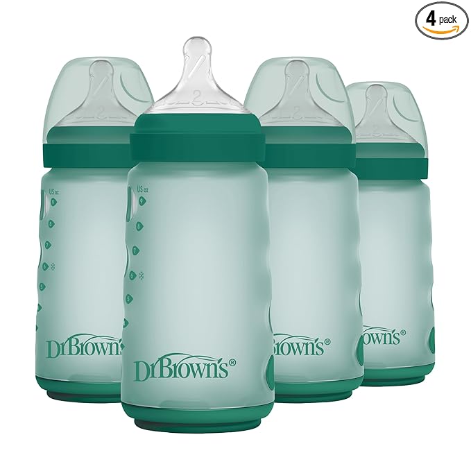 Dr. Brown's Silicone Baby Bottle with Collapsible Insert Designed to Reduce Colic, 9 oz with Wide-Neck Level 2 Medium Flow Nipple, 3m+, Green, 4-Pack