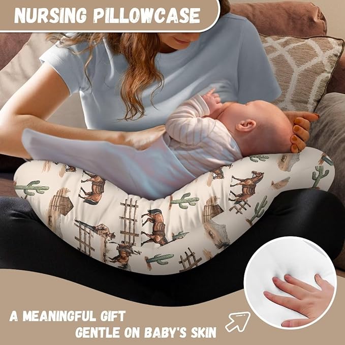Lotusorchid Western Cowboy Nursing Pillow Cover Cactus Horse Nursery Feeding Pillowcase, Washable Comfy Breast Feeding Pillowcases, Breathable Nursery Breast Feeding Pillow Slipcover for Infant