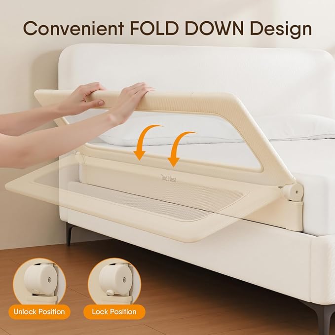 Folding Bed Rail for Toddlers, Baby Bed Rail Guard with Reinforced Anchor Safety System, Toddler Bed Rails for King Size Beds, Twin, Full, Queen (Khaki, 71" L x 21.6" H)