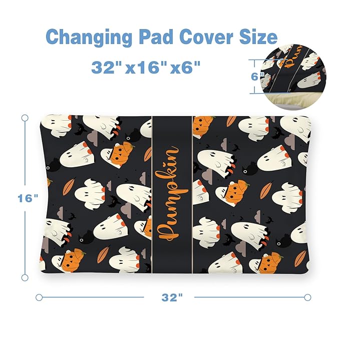 KAINSY Personalized Halloween Black Ghost Pumpkin Print Changing Pad Cover, Custom Diaper Change Table Sheets with Name, Soft Jersey Knit Change Table Sheets, 2 Pack Changing Pad Covers (16" x 32")