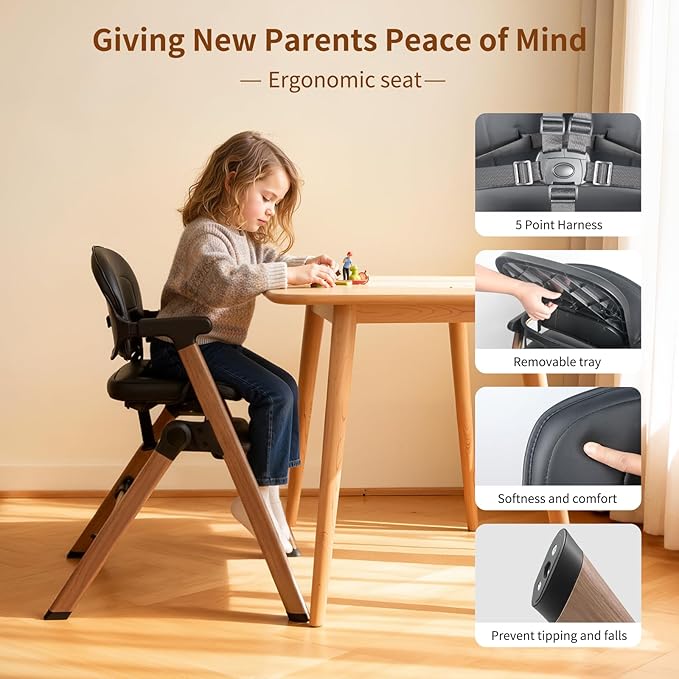 Babilous High Chair, Foldable High Chairs for Babies and Toddlers Ultra Safe for Infant or Adults Up to 150 Lbs, Easy Clean, Removable Tray/Adjustable Footrest for Baby Feeding HighChair, Black