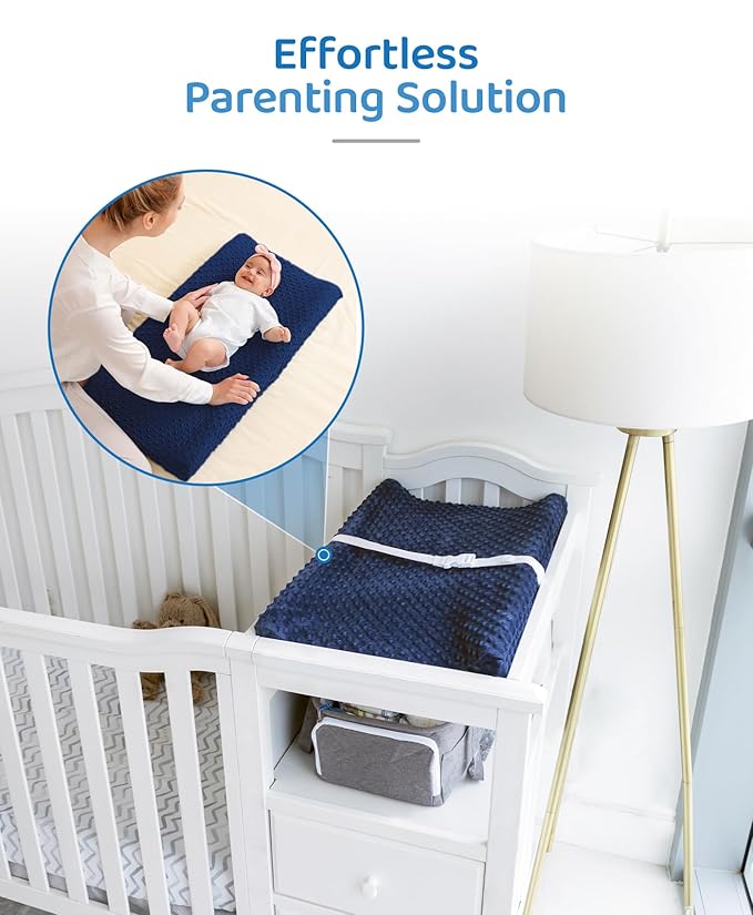 LOONAH Compact Small Changing Pad with Cover - 27" X 16" Contoured Baby Diaper Changing Pad for Combo Crib with Changing Table-Waterproof & Hypoallergenic, Safety Strap with Quick-Release Buckle-Blue