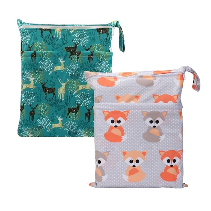 2 Wet Bags Reusable Diaper Nappy Waterproof With Two Zippered Pockets (Baby Fox and Regal Deer)