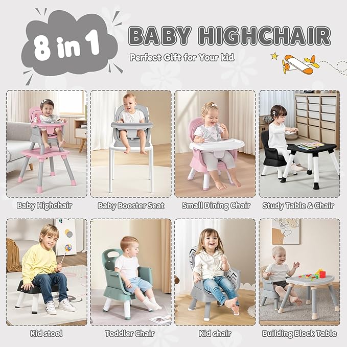 Kinder King 8 in 1 Baby High Chair, Coverts to Dining Booster Seat/Kids Table & Chair Set/Toddler Building Block Table/Kids Stool, Removable Tray & Double Seat Cover, Easy to Wipe, Wavy Grain