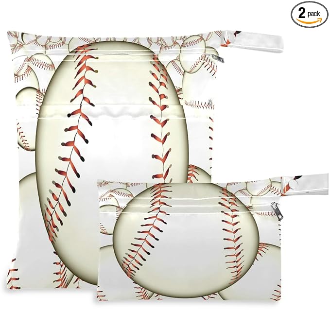 visesunny Baseball 2Pcs Wet Bag with Zippered Pockets Washable Reusable Roomy for Travel,Beach,Pool,Daycare,Stroller,Diapers,Dirty Gym Clothes, Wet Swimsuits, Toiletries