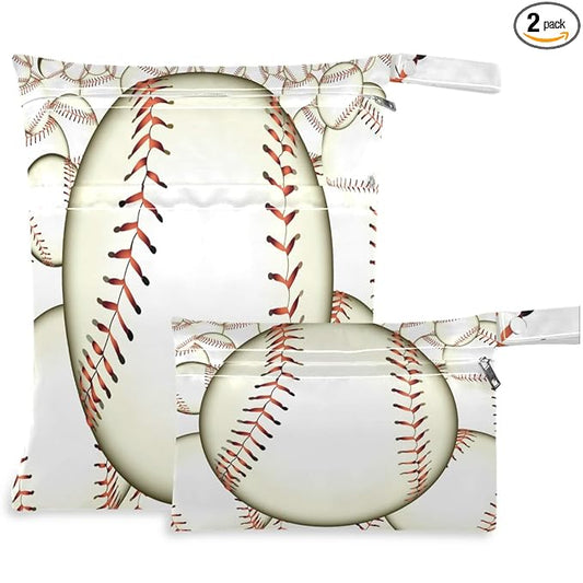 visesunny Baseball 2Pcs Wet Bag with Zippered Pockets Washable Reusable Roomy for Travel,Beach,Pool,Daycare,Stroller,Diapers,Dirty Gym Clothes, Wet Swimsuits, Toiletries