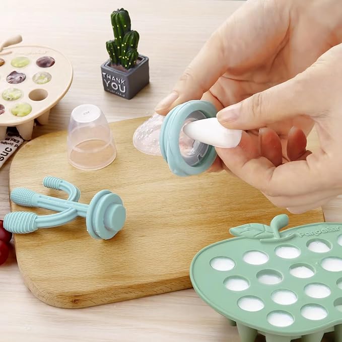 PandaEar 2 Pack Baby Breastmilk Popsicle Molds, Silicone Nibble Freezer Tray, Baby Fruit Food Feeder Teether Tray, 19 x 0.2 oz Baby Food Storage Container for Homemade Baby Food -Green&Tan