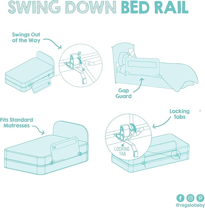 Regalo Swing Down Toddler Bed Rail Guard, NO Tools Required, Bed Rail for Toddlers with Patented Gap Guard, Toddler Bed Rail, Fits Twin, Full & Queen Beds, Bed Safety Rail for Kids Bed, 43” Long
