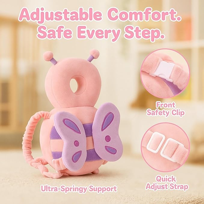 NAZO Baby Head Protector Backpack – Soft Infant Safety Pillow for Fall Protection – Cushions Toddler’s Head While Crawling and Walking – Baby Fall Back Support (Pink Butterfly)