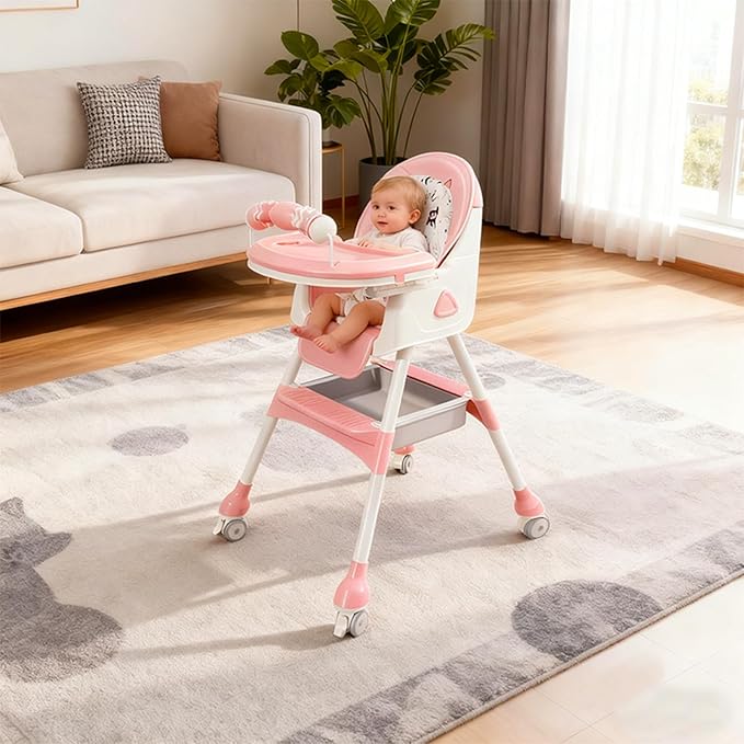 Foldable 4-in-1 Baby High Chair for Babies & Toddlers, High Chair with Detachable PU Cushion, Removable Tray, Adjustable Height, Locking Wheels,Pink