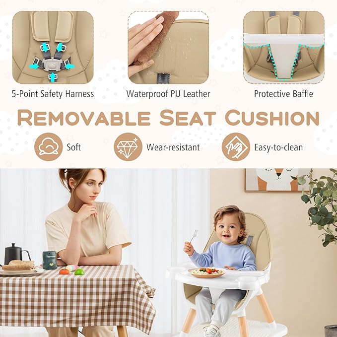 HONEY JOY Baby High Chair, 6-in-1 Convertible Wooden Highchair for Babies and Toddlers/Table Set/Toddler Chair with Safety Harness, 4-Position Removable Feeding Tray (Khaki)