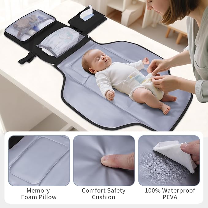 CEICEI Portable Diaper Changing Pad Waterproof Travel Baby Changing Mat with Large Wet/Dry Pocket & Elastic Wipes Pockets, Foldable Compact for On-The-Go Diaper Changer (Black)