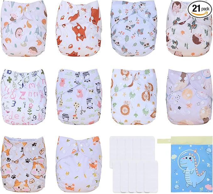TDIAPERS Cloth Diaper Covers Reusable Washable Pocket Diapers One Size Adjustable for Baby 10 Pack with 10 Pcs Microfiber Inserts, 1 Wet Bag